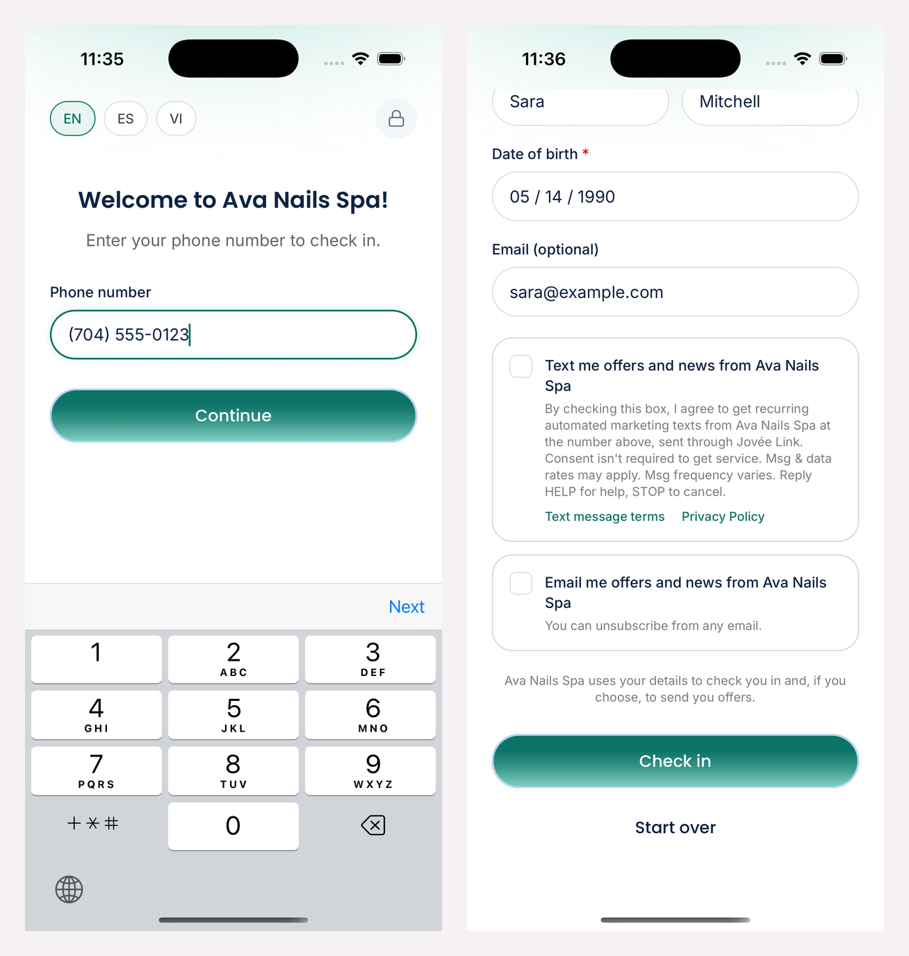 The Jovée Link check-in screens at our front desk: entering a phone number, then unticked boxes to get texts or emails from Ava Nails Spa with the full text message terms